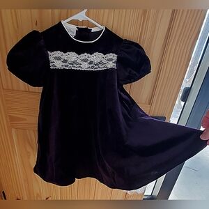 Rare Editions Dark Purple Velvet, Satin Trim Lace & Cream Roses Dress Size 6